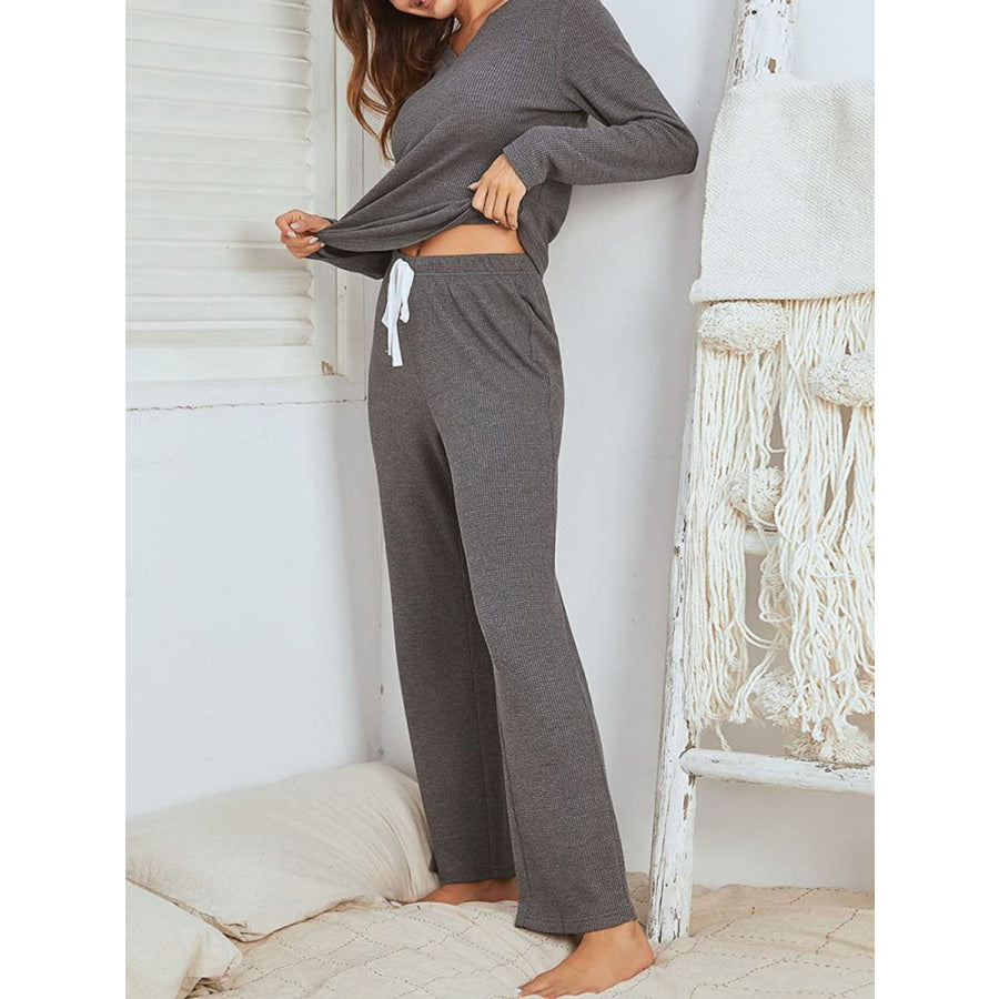 Notched Long Sleeve Top and Pants Set Apparel and Accessories