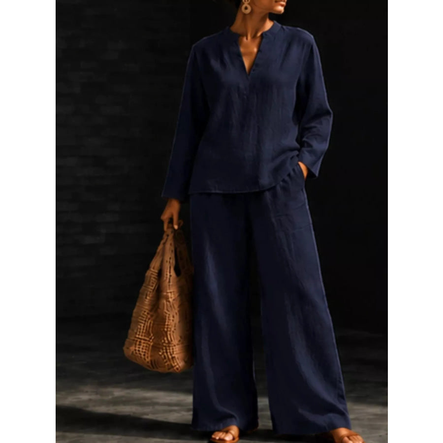 Notched Long Sleeve Top and Pants Set Apparel and Accessories