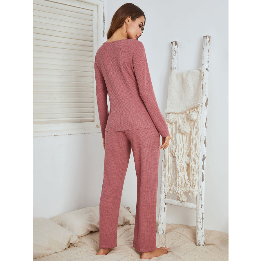 Notched Long Sleeve Top and Pants Set Apparel and Accessories