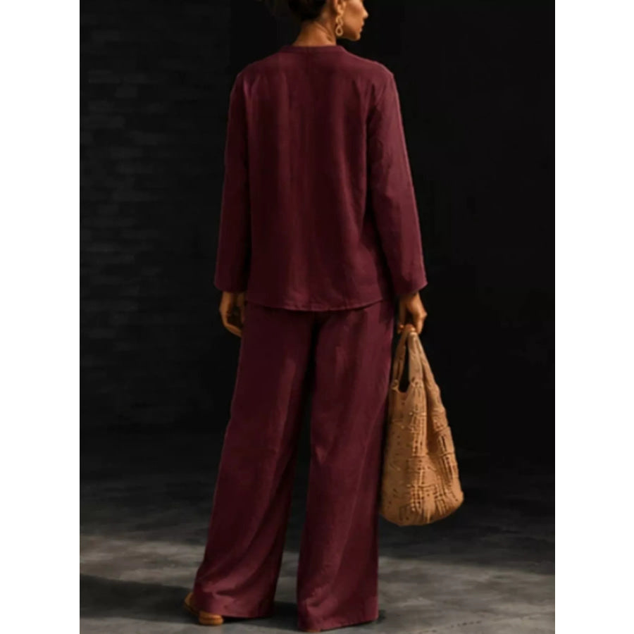 Notched Long Sleeve Top and Pants Set Apparel and Accessories