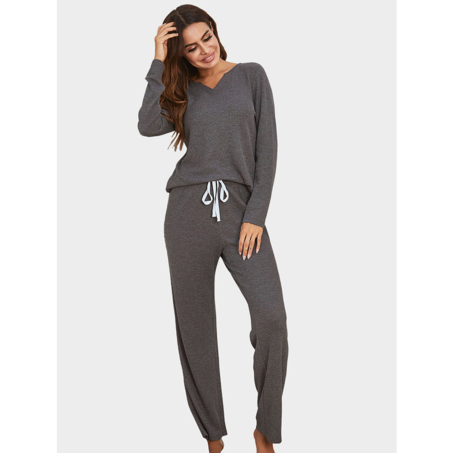 Notched Long Sleeve Top and Pants Set Apparel and Accessories