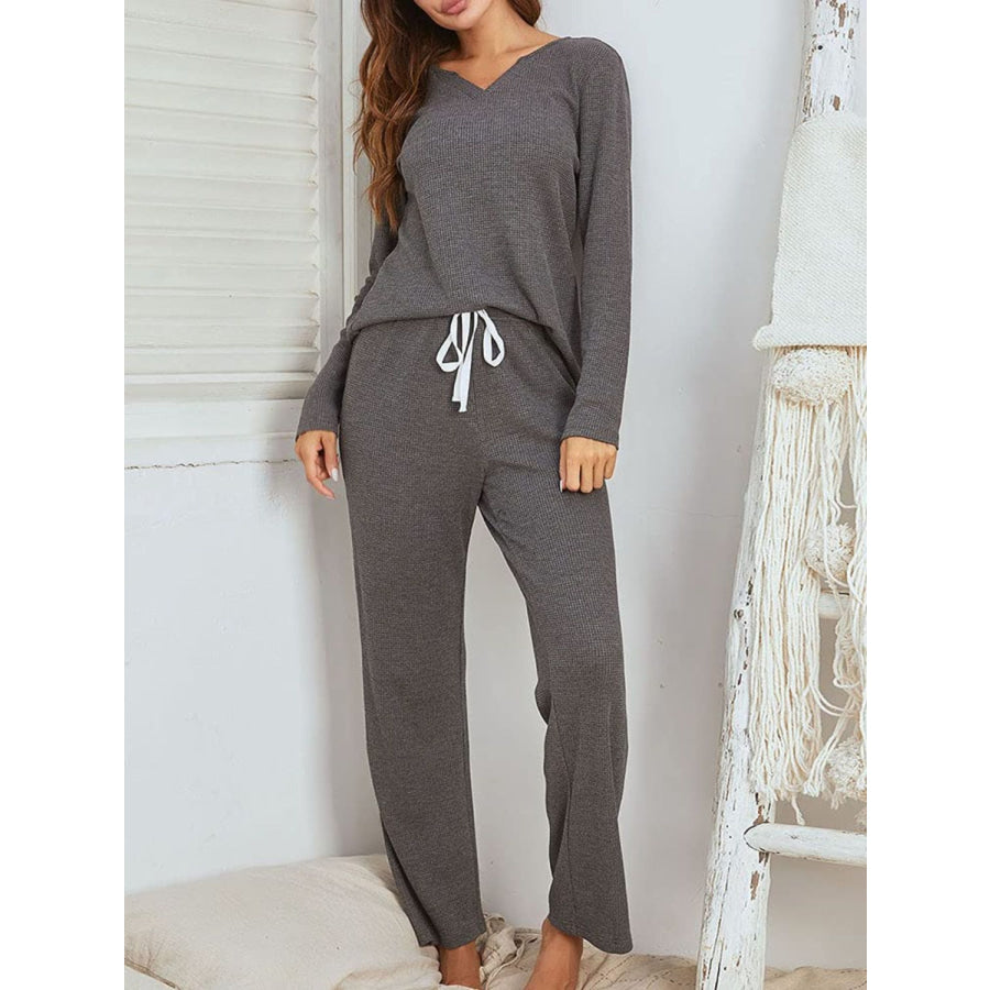 Notched Long Sleeve Top and Pants Set Apparel and Accessories