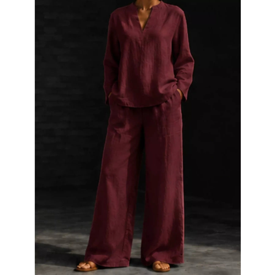Notched Long Sleeve Top and Pants Set Apparel and Accessories