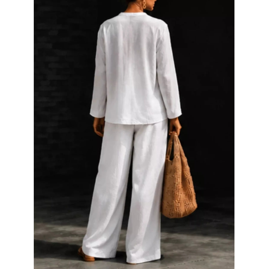 Notched Long Sleeve Top and Pants Set Apparel and Accessories