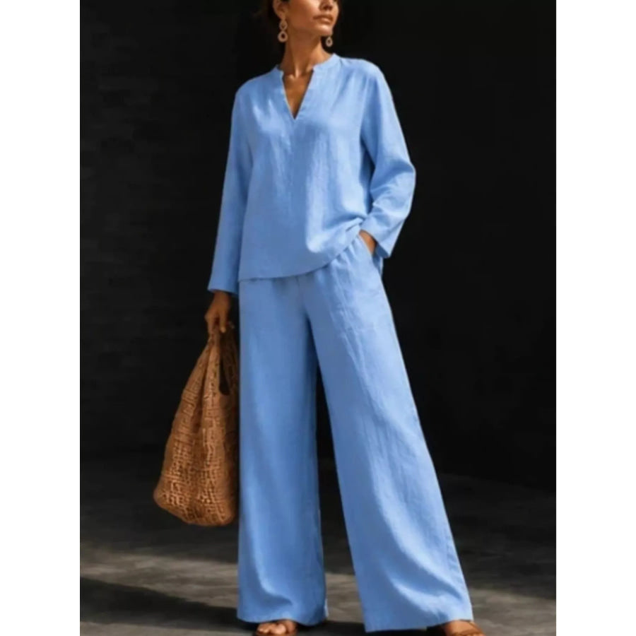Notched Long Sleeve Top and Pants Set Apparel and Accessories
