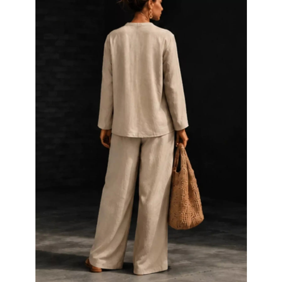 Notched Long Sleeve Top and Pants Set Apparel and Accessories