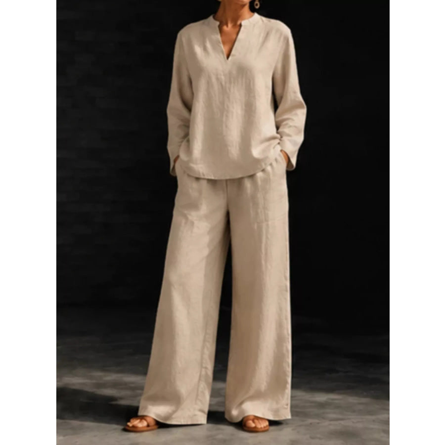 Notched Long Sleeve Top and Pants Set Apparel and Accessories
