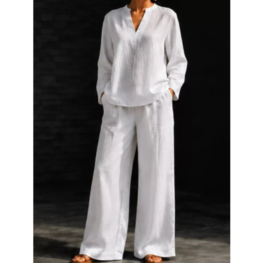 Notched Long Sleeve Top and Pants Set Apparel and Accessories