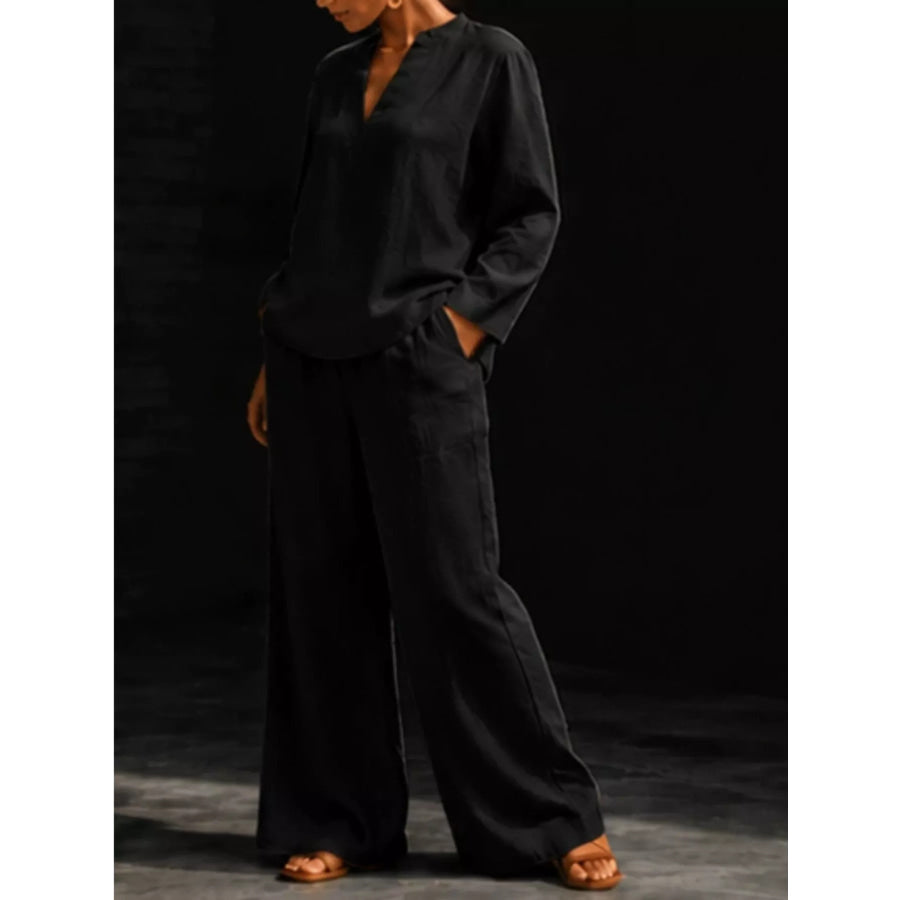 Notched Long Sleeve Top and Pants Set Apparel and Accessories