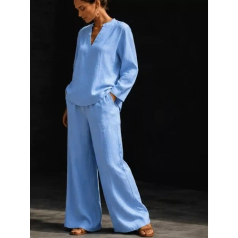 Notched Long Sleeve Top and Pants Set Apparel and Accessories