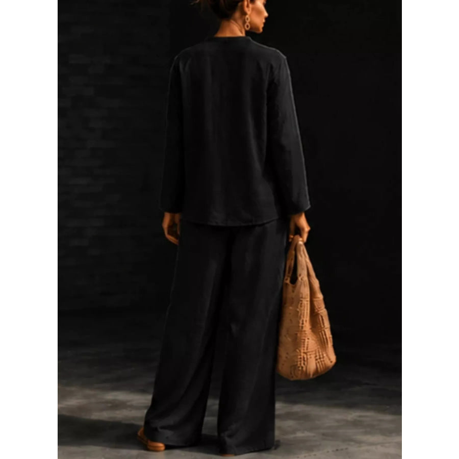 Notched Long Sleeve Top and Pants Set Apparel and Accessories