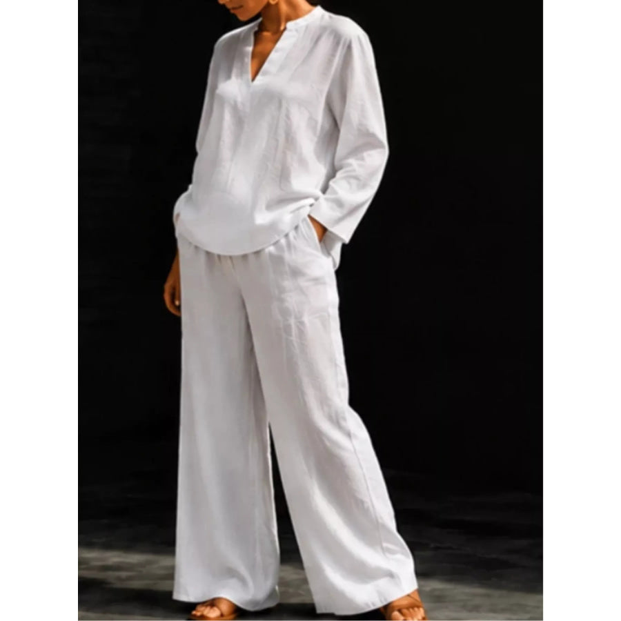 Notched Long Sleeve Top and Pants Set Apparel and Accessories