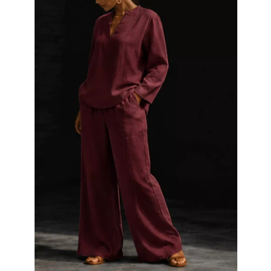 Notched Long Sleeve Top and Pants Set Apparel and Accessories