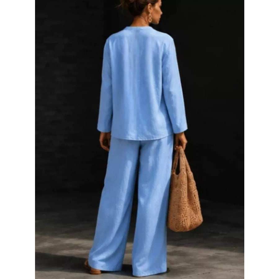 Notched Long Sleeve Top and Pants Set Apparel and Accessories