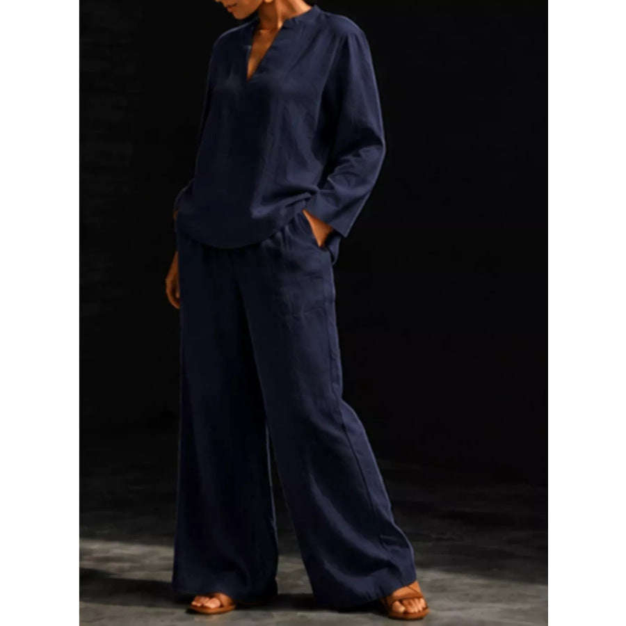 Notched Long Sleeve Top and Pants Set Apparel and Accessories