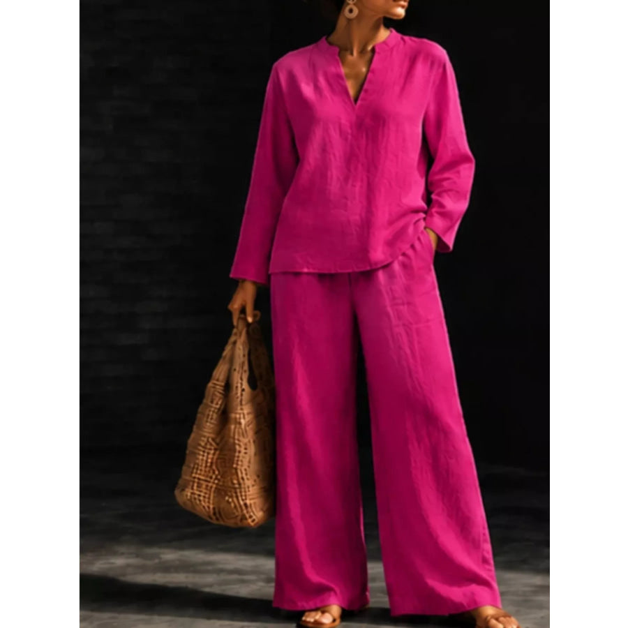 Notched Long Sleeve Top and Pants Set Apparel and Accessories