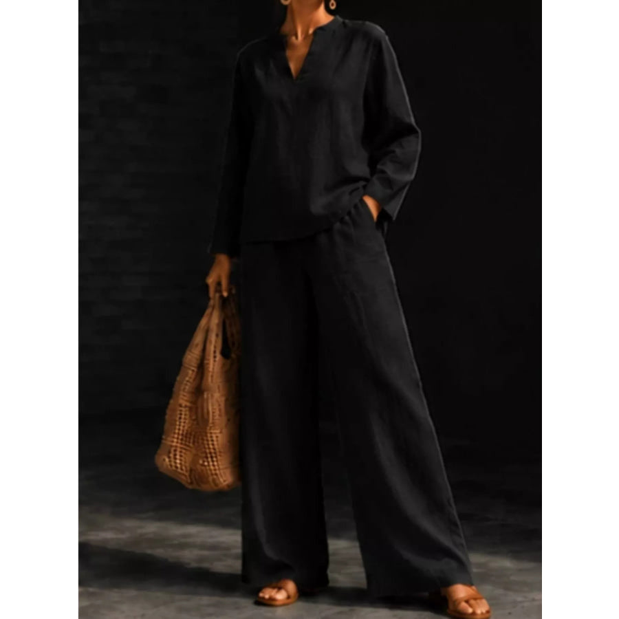 Notched Long Sleeve Top and Pants Set Black / S Apparel and Accessories