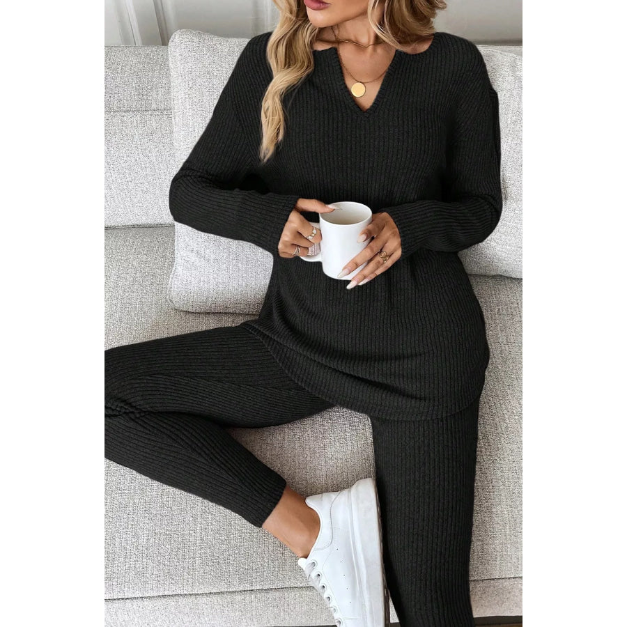 Notched Long Sleeve Top and Pants Set Black / S Apparel and Accessories