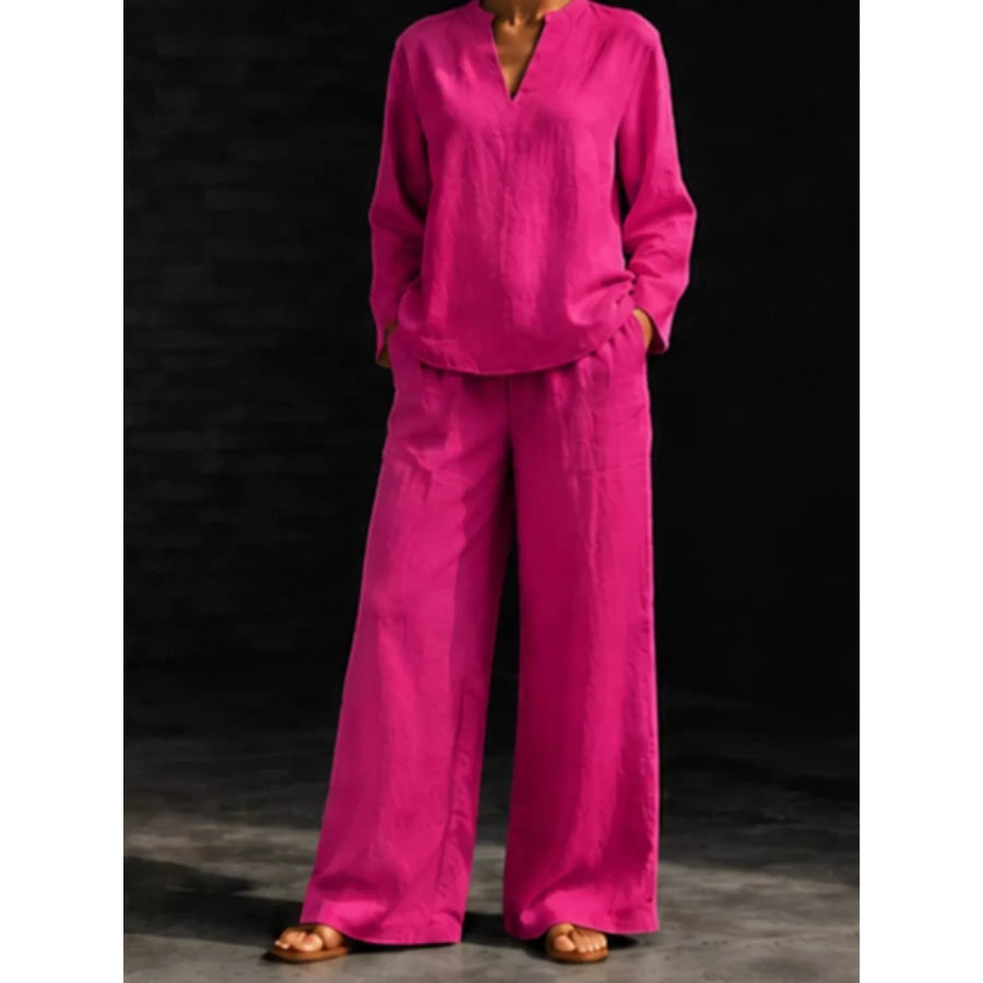Notched Long Sleeve Top and Pants Set Burgundy / S Apparel and Accessories