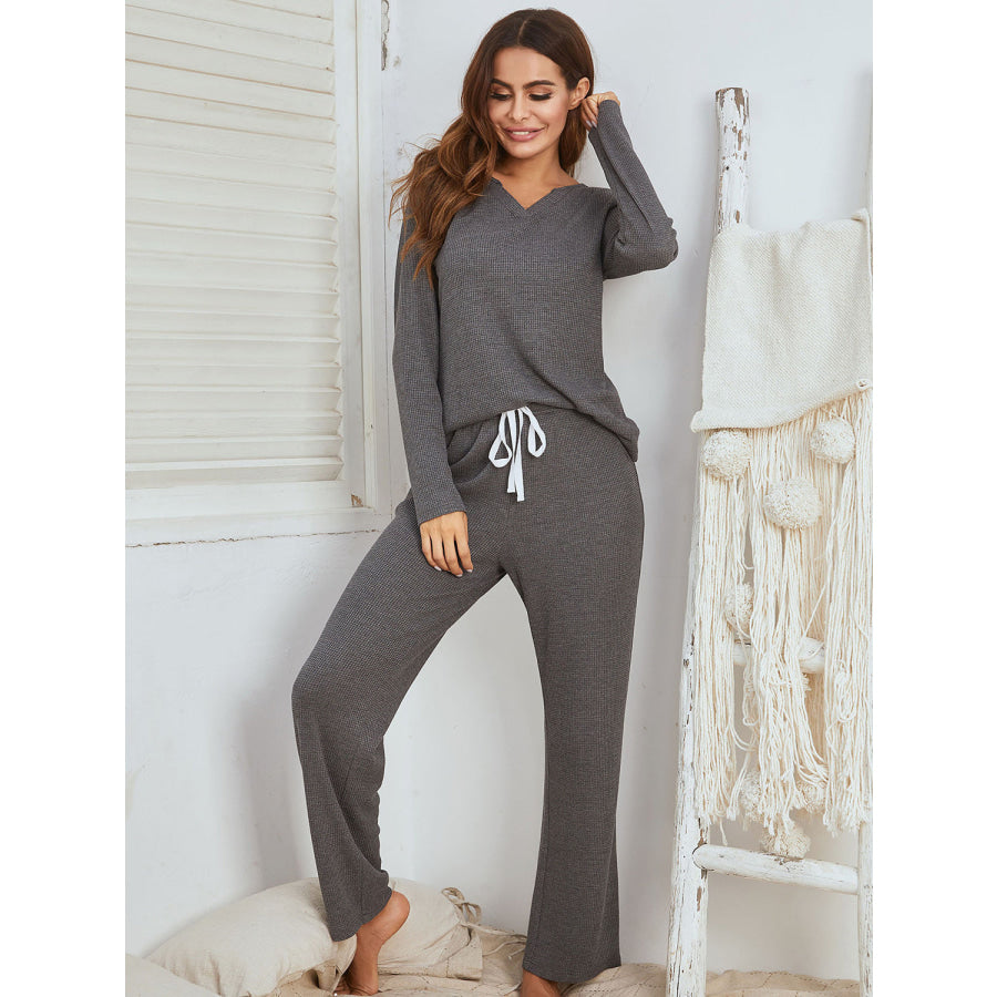 Notched Long Sleeve Top and Pants Set Dark Gray / S Apparel and Accessories