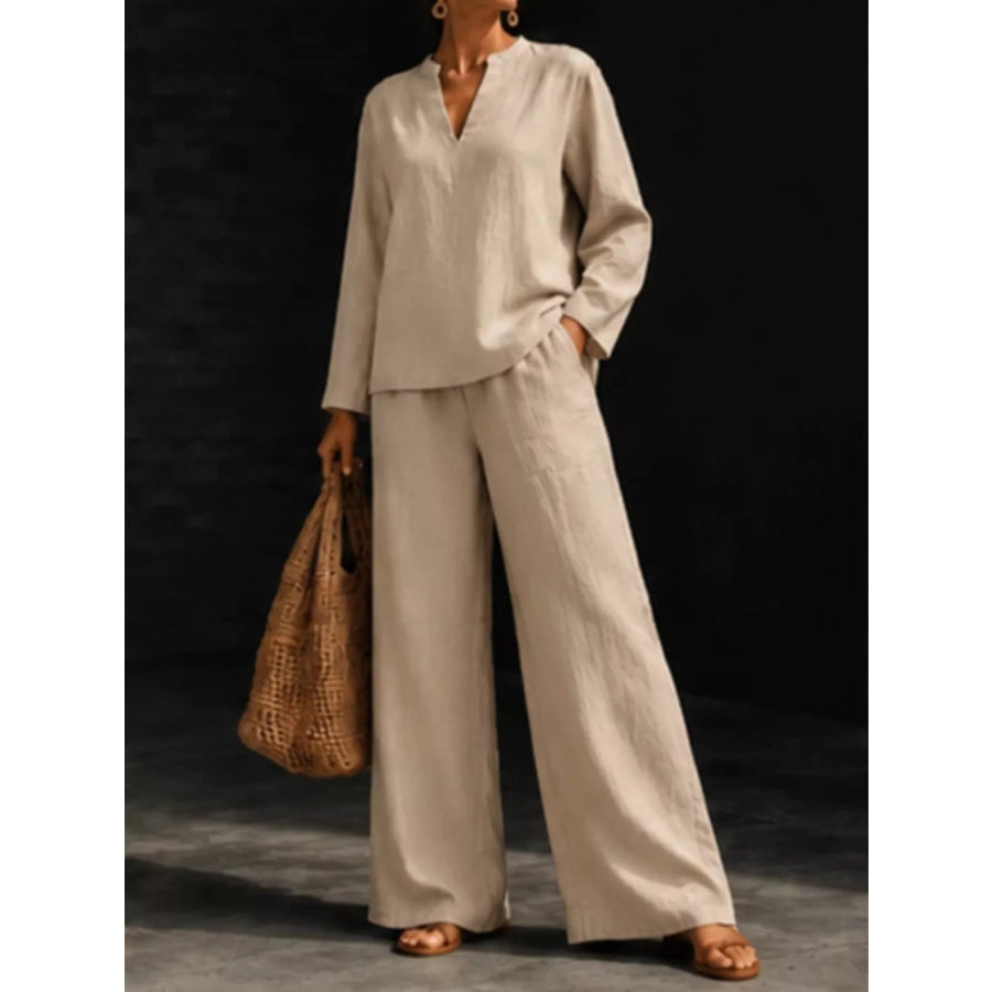 Notched Long Sleeve Top and Pants Set Khaki / S Apparel and Accessories