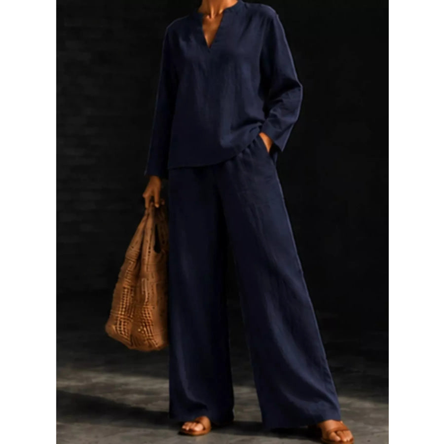 Notched Long Sleeve Top and Pants Set Navy / S Apparel and Accessories