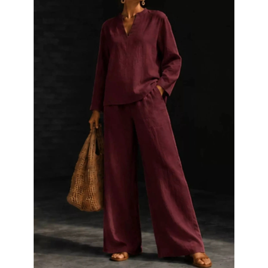 Notched Long Sleeve Top and Pants Set Red / S Apparel and Accessories
