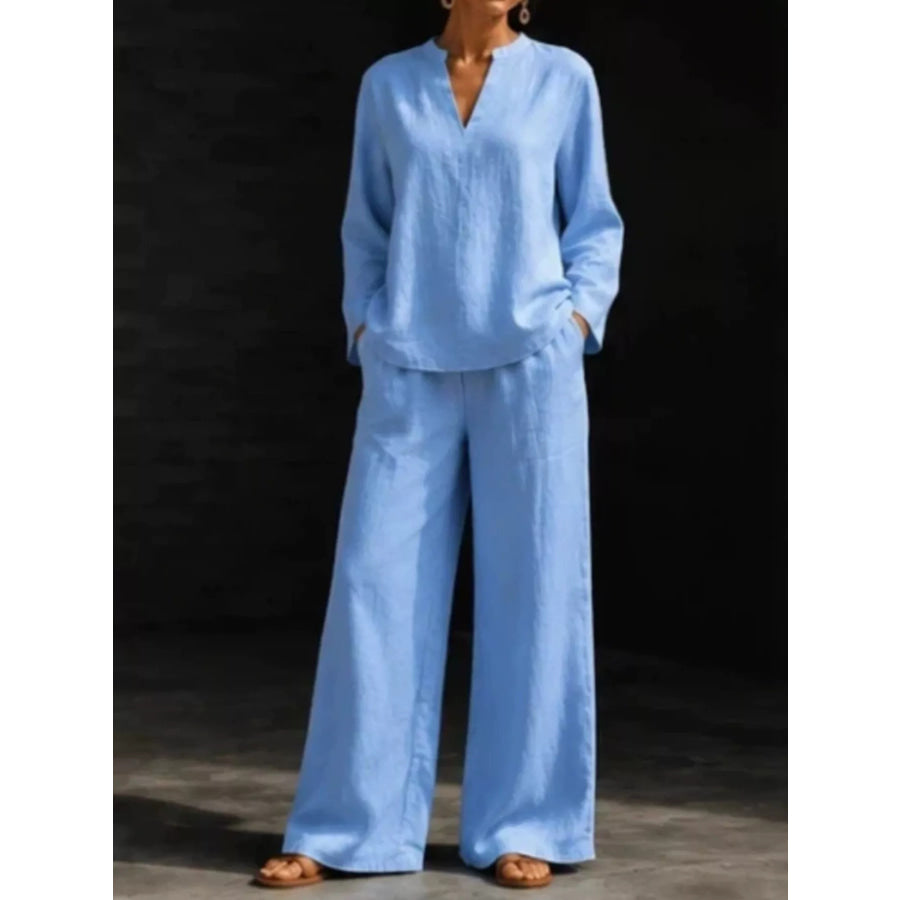 Notched Long Sleeve Top and Pants Set Sky Blue / S Apparel and Accessories