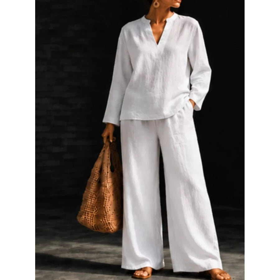 Notched Long Sleeve Top and Pants Set White / S Apparel and Accessories