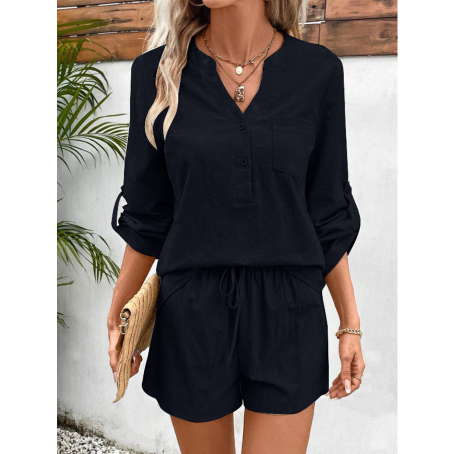 Notched Long Sleeve Top and Shorts Set Apparel Accessories