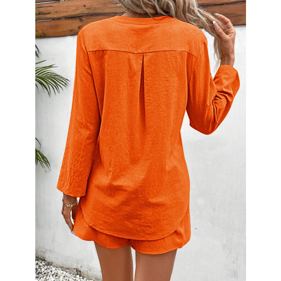 Notched Long Sleeve Top and Shorts Set Apparel Accessories