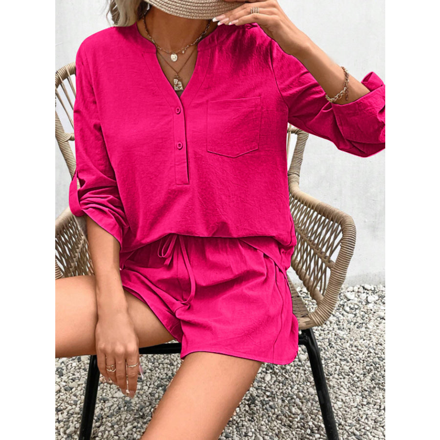 Notched Long Sleeve Top and Shorts Set Apparel Accessories