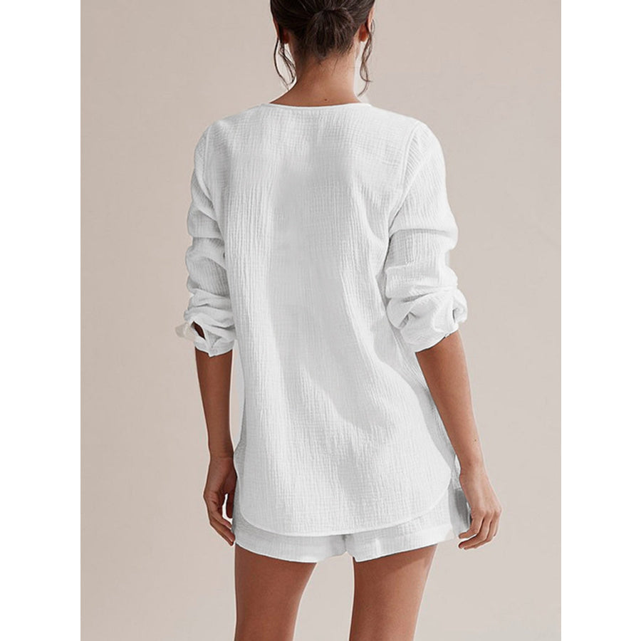 Notched Long Sleeve Top and Shorts Set White / S Apparel and Accessories