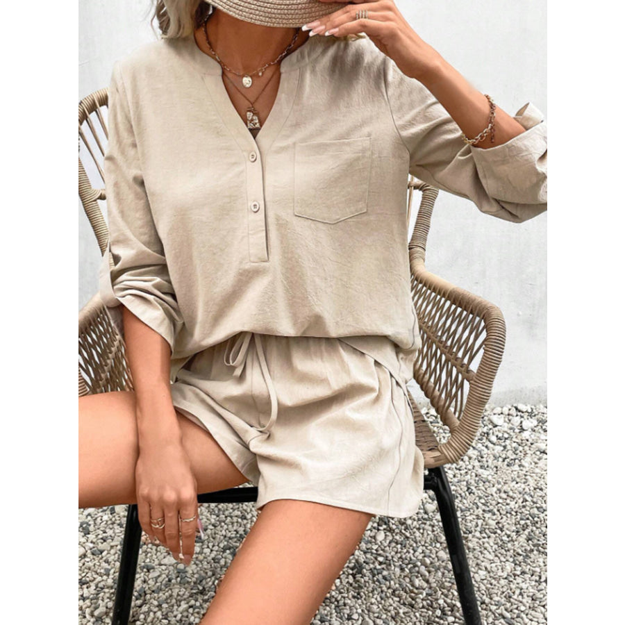 Notched Long Sleeve Top and Shorts Set Apparel Accessories