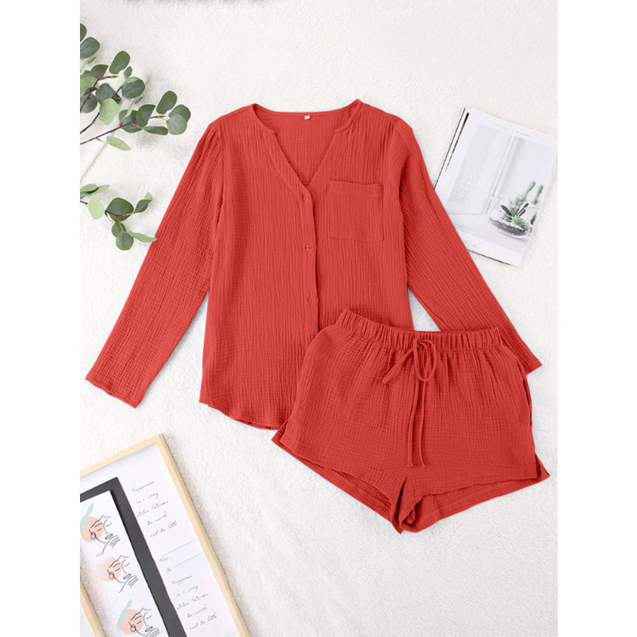Notched Long Sleeve Top and Shorts Set Apparel and Accessories