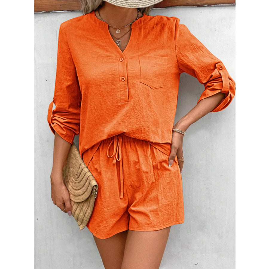 Notched Long Sleeve Top and Shorts Set Apparel Accessories