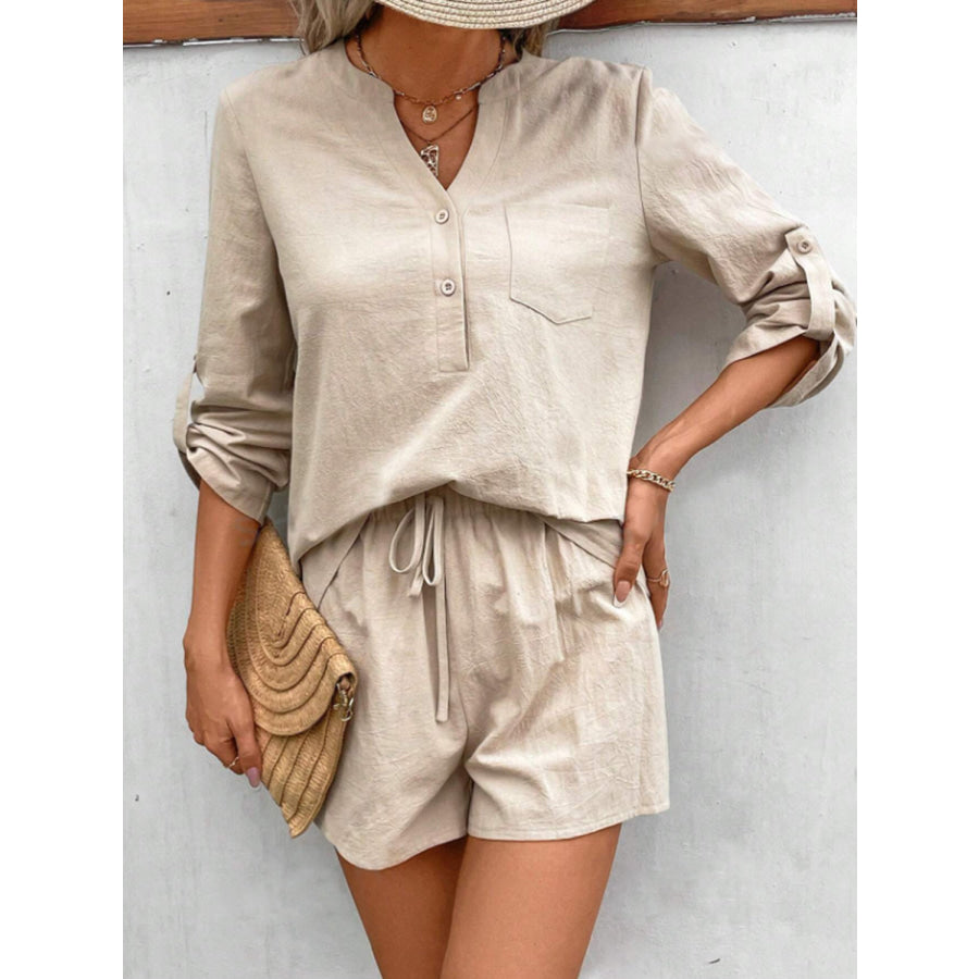 Notched Long Sleeve Top and Shorts Set Apparel Accessories