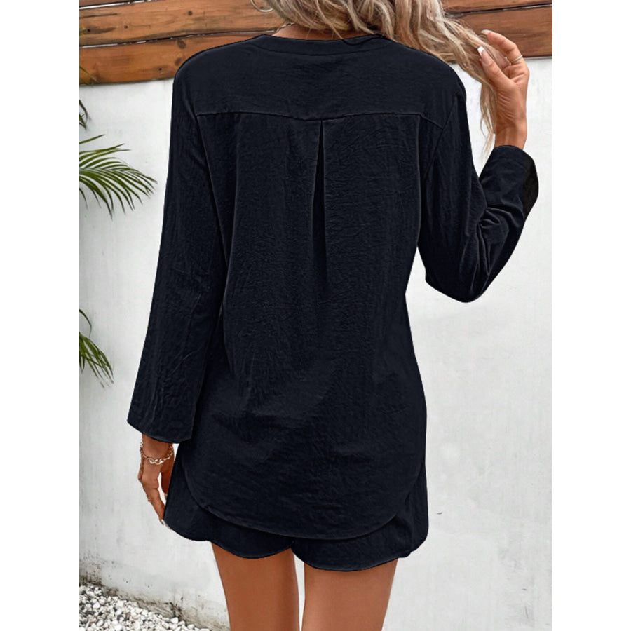 Notched Long Sleeve Top and Shorts Set Apparel Accessories