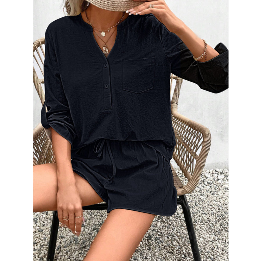 Notched Long Sleeve Top and Shorts Set Apparel Accessories