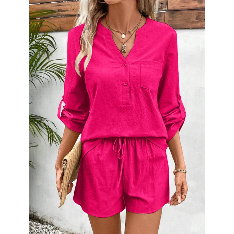 Notched Long Sleeve Top and Shorts Set Apparel Accessories