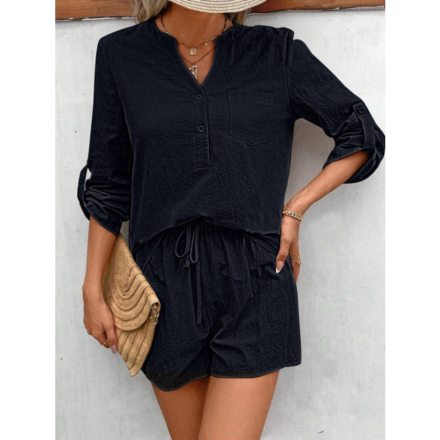 Notched Long Sleeve Top and Shorts Set Black / S Apparel Accessories