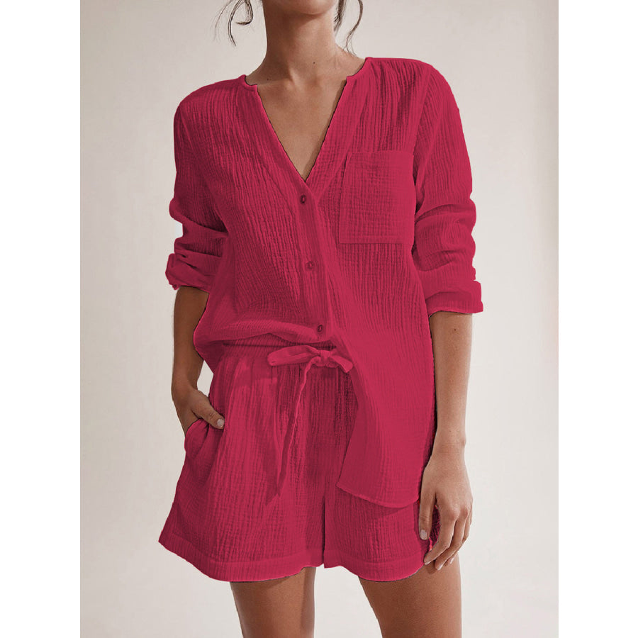 Notched Long Sleeve Top and Shorts Set Cerise / S Apparel and Accessories