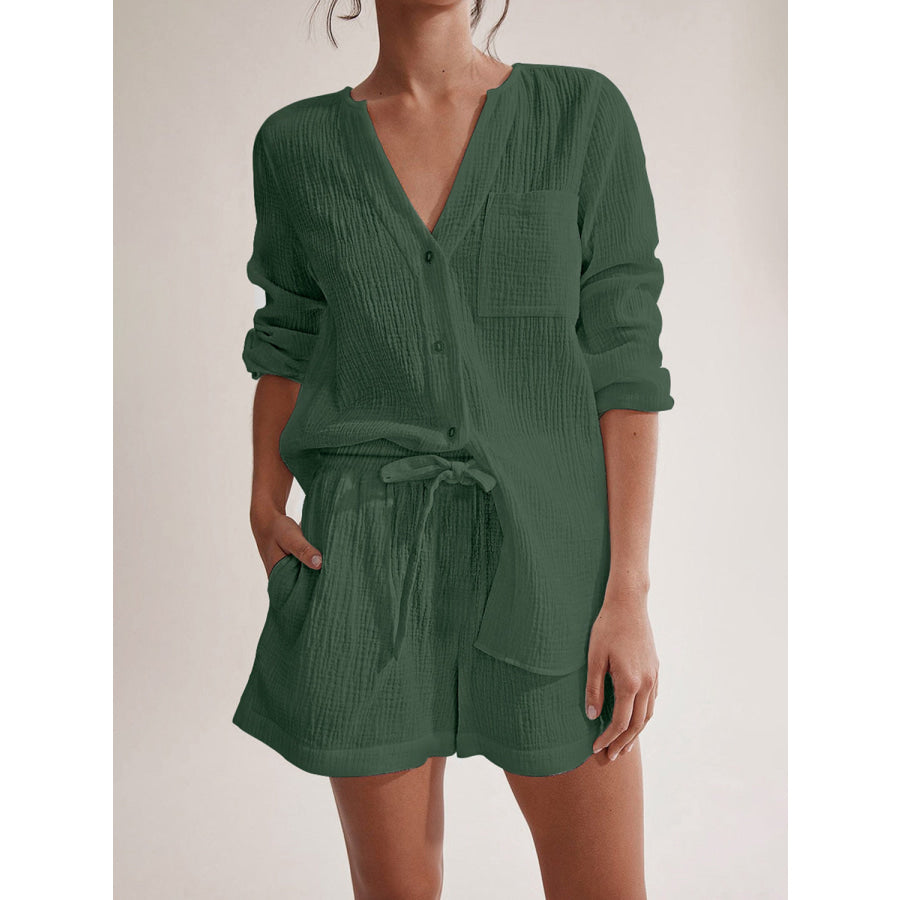 Notched Long Sleeve Top and Shorts Set Dark Green / S Apparel and Accessories