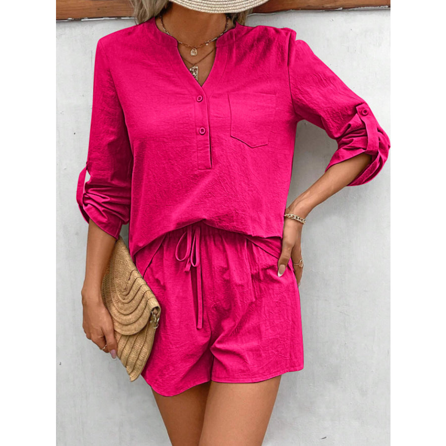 Notched Long Sleeve Top and Shorts Set Hot Pink / S Apparel Accessories