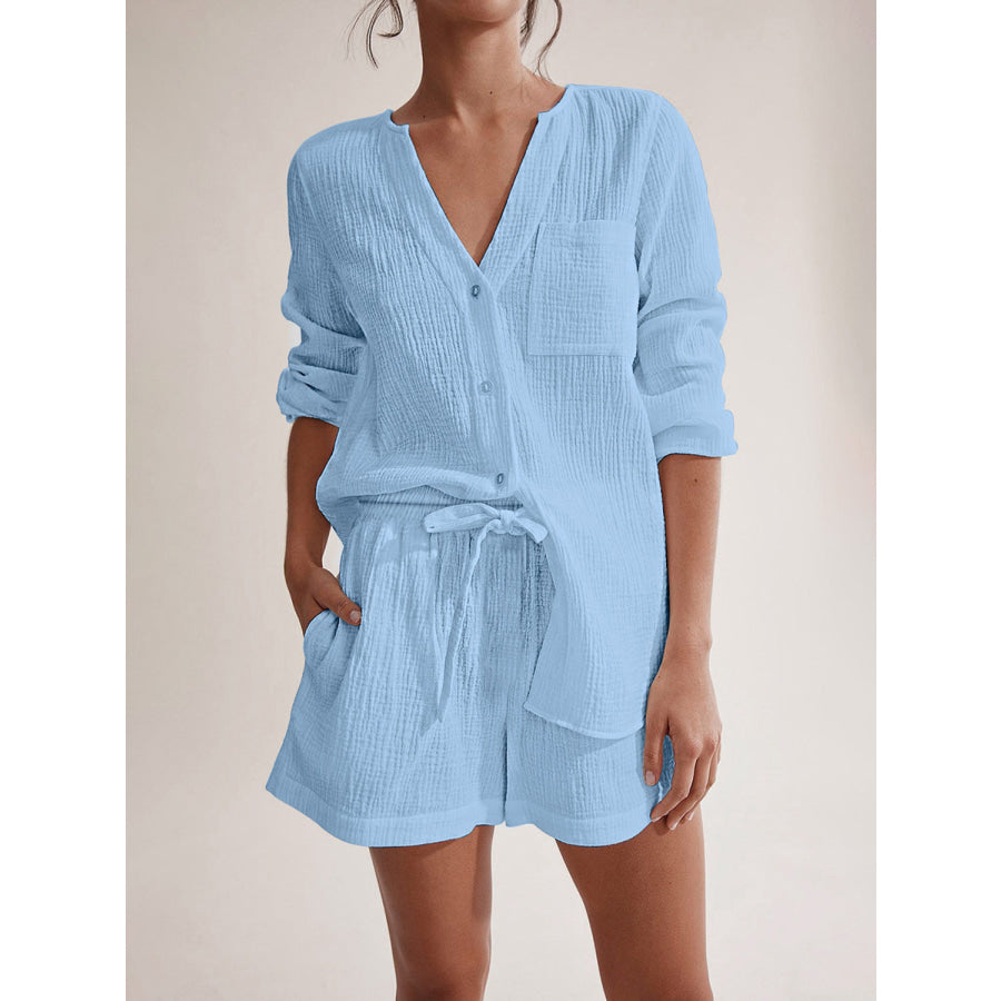 Notched Long Sleeve Top and Shorts Set Light Blue / S Apparel and Accessories