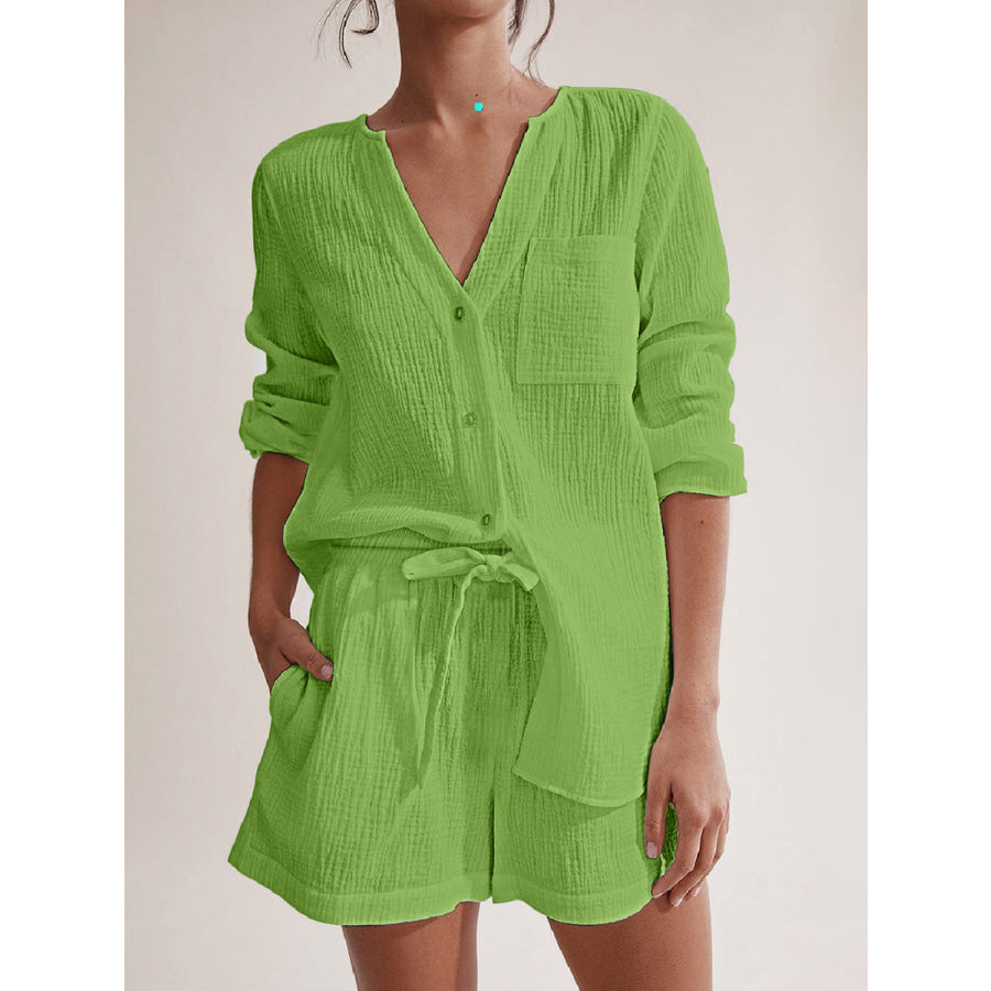 Notched Long Sleeve Top and Shorts Set Lime / S Apparel and Accessories