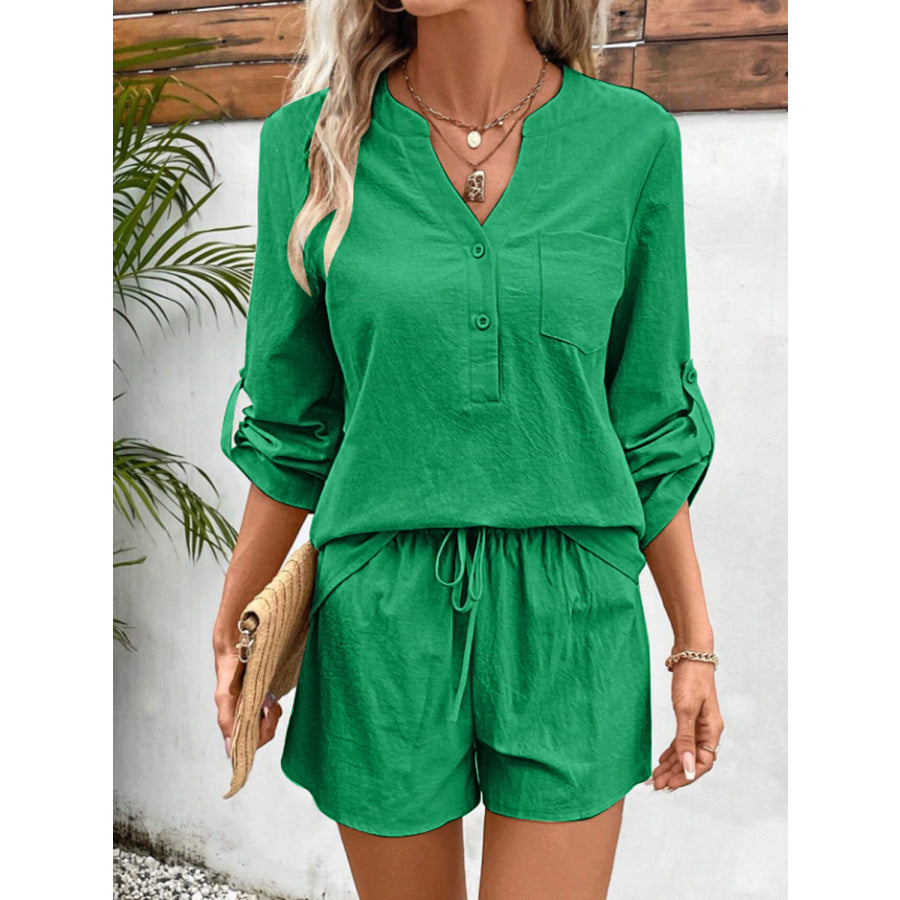 Notched Long Sleeve Top and Shorts Set Mid Green / S Apparel Accessories