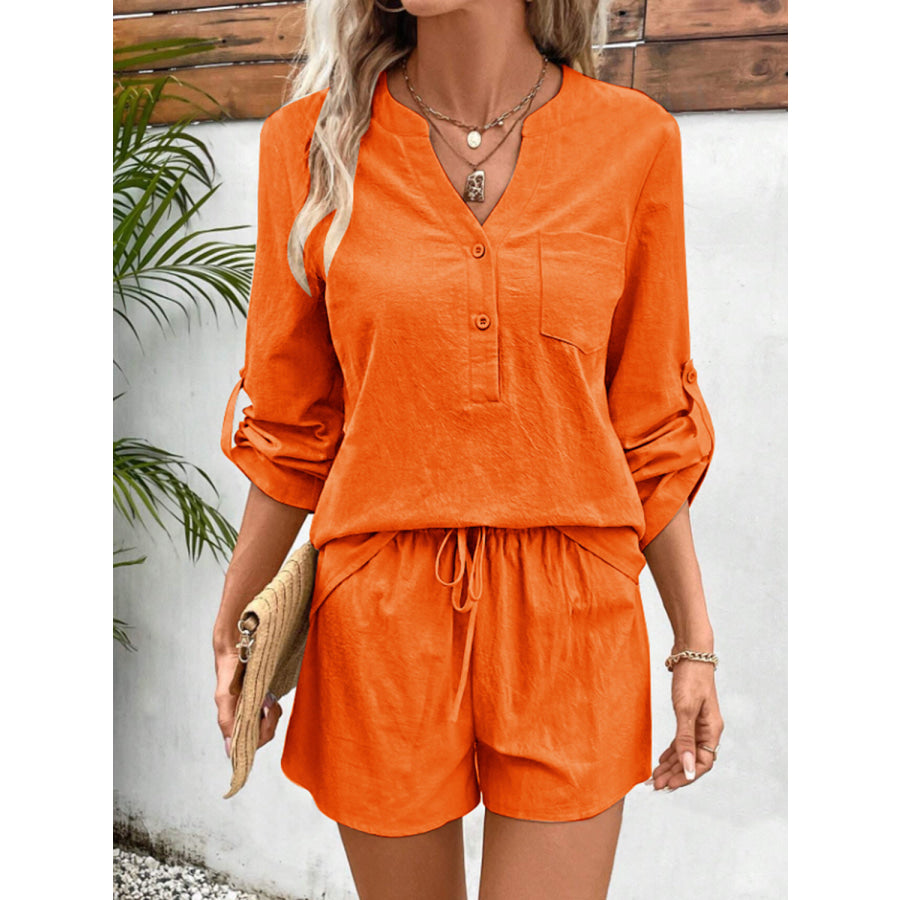 Notched Long Sleeve Top and Shorts Set Orange / S Apparel Accessories