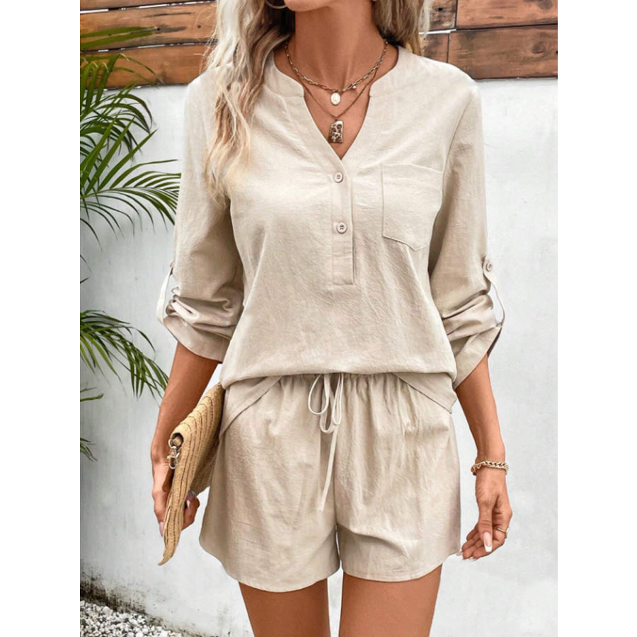 Notched Long Sleeve Top and Shorts Set Sand / S Apparel Accessories