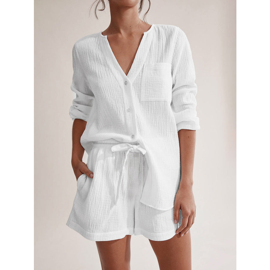 Notched Long Sleeve Top and Shorts Set White / S Apparel and Accessories